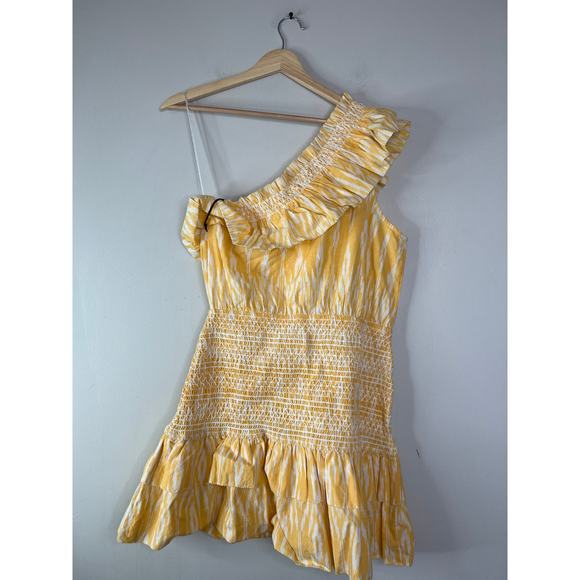NWT Saylor Carren One-Shoulder Pull Over Smocked Ikat Cotton Mini Dress Yellow - Picture 7 of 8
